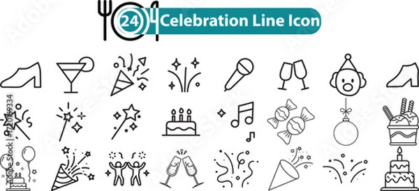 Fototapeta Party and Celebration Line Icon Set – Minimalist Vector