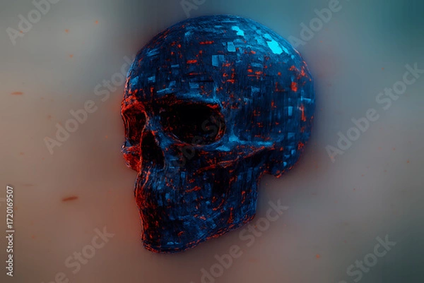 Fototapeta Dark surreal skull illustration with luminous digital effects representing futuristic concept art cyber theme and abstract creativity