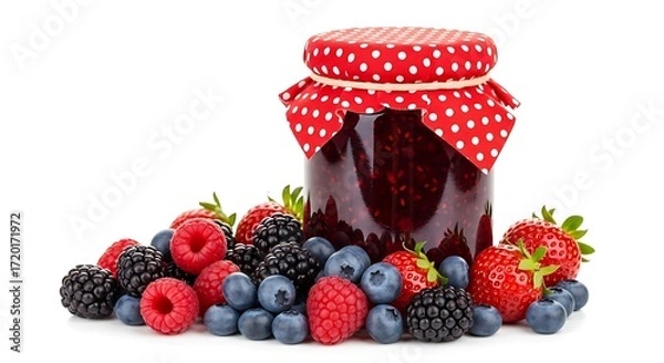 Fototapeta Jar of Berry Jam Surrounded by Fresh Mixed Berries on White Background