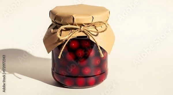 Fototapeta Jar of Cherries Preserved in Syrup with Kraft Paper Lid and Twine
