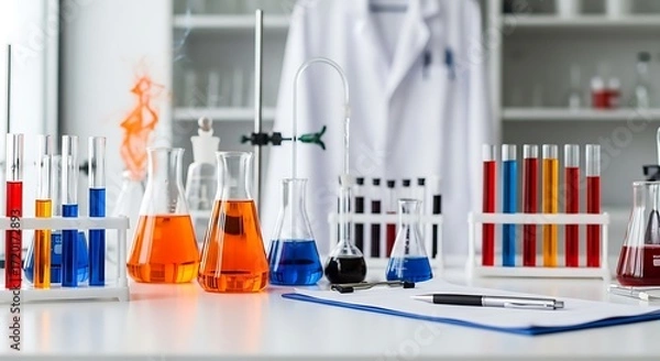 Fototapeta Laboratory equipment with colorful liquids and a lab coat