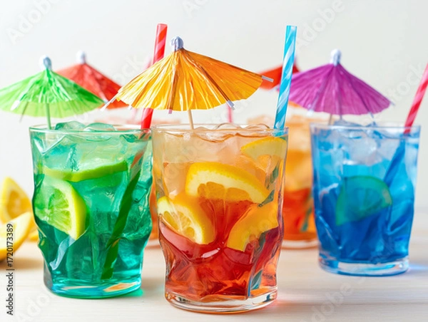 Fototapeta Colorful tropical drinks with umbrellas and fruit garnishes in glass cups.