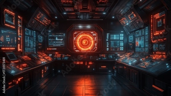 Fototapeta Cyber control center with red data hub.
