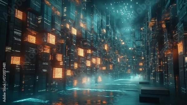 Fototapeta Abstract glowing data blocks in futuristic digital corridor.