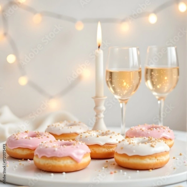 Obraz Celebration Donuts with Sparkling Wine and Candles in Soft Bokeh Lighting
