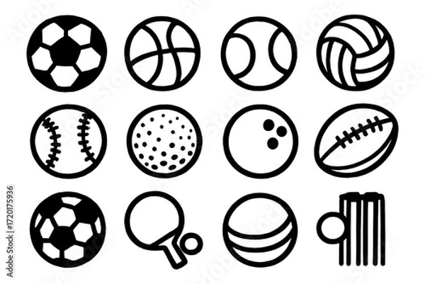 Fototapeta Sports ball icons set featuring basketball, tennis, and more in bold line art