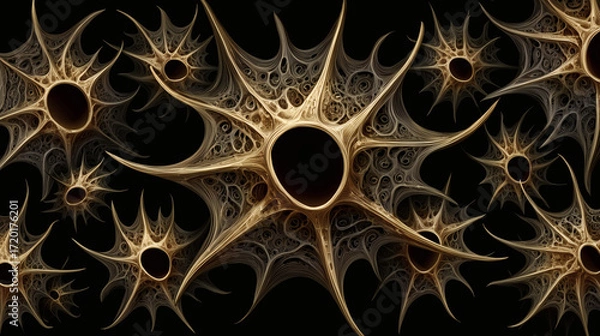 Fototapeta Golden Thorn Starbursts on Black, Seamless Fractal Pattern