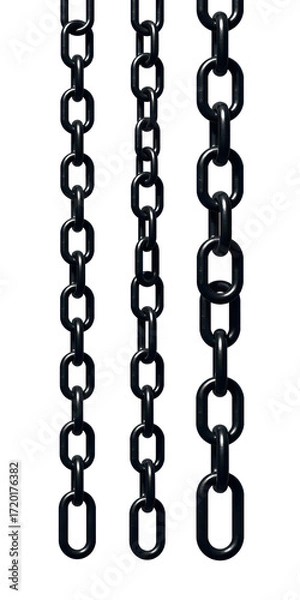 Fototapeta Three vertical black metal chains hanging against white background, minimalist industrial aesthetic. Clean composition for design elements, security concepts, or decorative accents.
