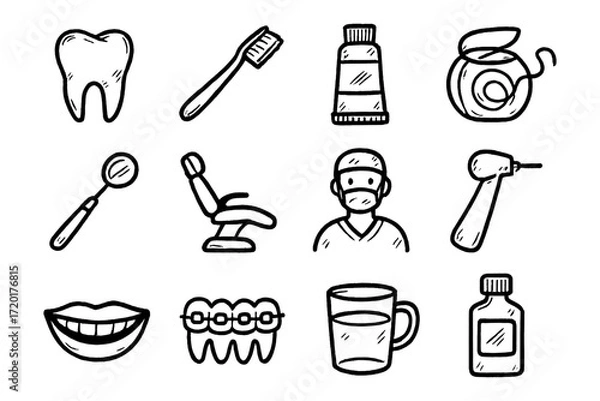 Obraz Hand drawn dental care icons: tooth, toothbrush, floss, and dentist tools