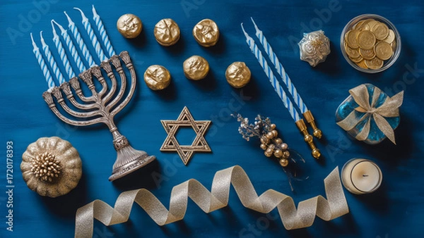 Fototapeta Hanukkah Flat Lay with Menorah, Dreidels, Gelt, and Festive Decorations
