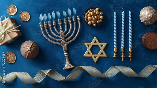 Fototapeta Hanukkah Flat Lay with Menorah, Dreidels, Gelt, and Festive Decorations