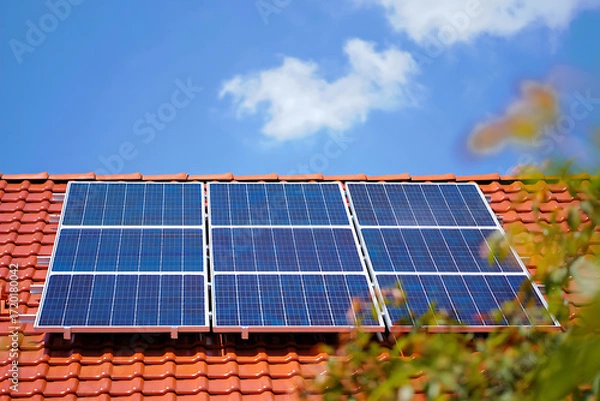 Fototapeta Modern solar panels installed on a terracotta tiled roof under a clear blue sky with scattered clouds