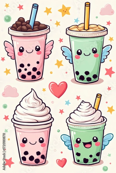 Obraz Cute kawaii bubble tea illustration