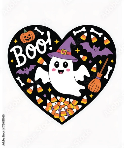 Fototapeta Cute ghost with witch hat and candy corn
