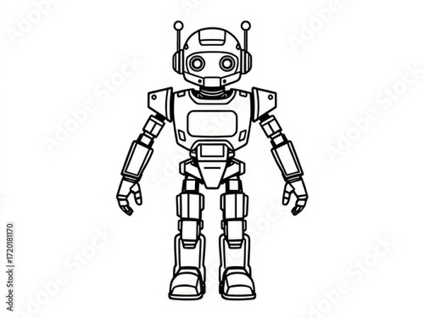 Obraz Cartoon robot character with a friendly expression in black and white  