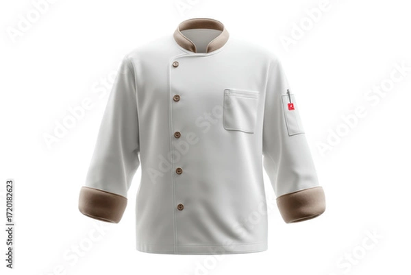 Fototapeta Professional chef jacket in white with brown accents and buttoned front, cut out