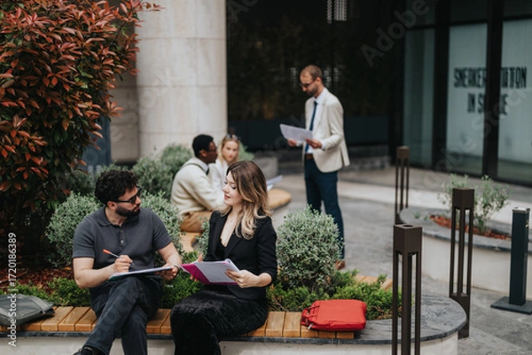 Fototapeta A group of professionals interacting outdoors in an urban setting, exchanging ideas and documents.