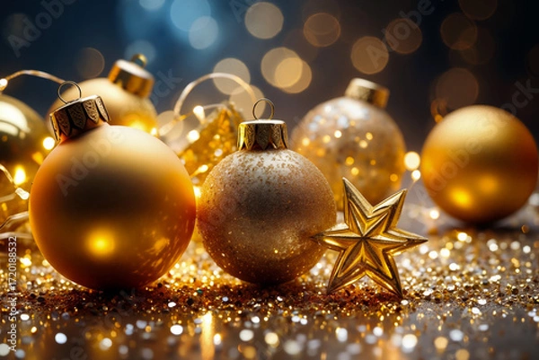 Fototapeta Golden Christmas ornaments and a shining star glow warmly amid sparkling lights, creating a festive, elegant holiday atmosphere. Generative AI.