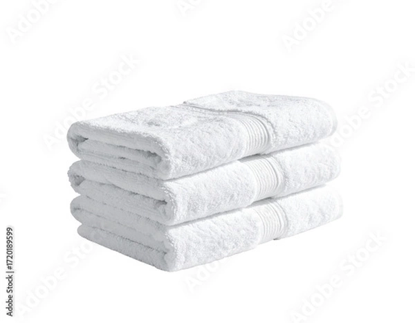 Fototapeta A stack of three pristine white towels, neatly folded, sits against a plain black background.