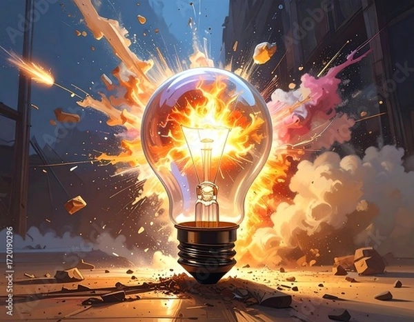 Obraz A lightbulb explodes in a cityscape