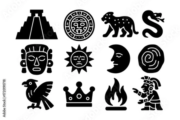 Fototapeta Mayan icon set: ancient symbols and glyphs in bold silhouette style
