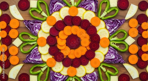 Fototapeta Flat lay composition of sliced vegetables like zucchini, carrots, and beets forming a colorful mandala