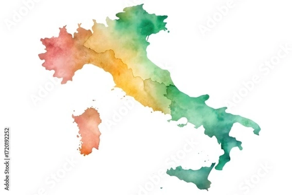Obraz Watercolor map of italy isolated on white background, showcasing the countrys diverse landscapes and cultural heritage