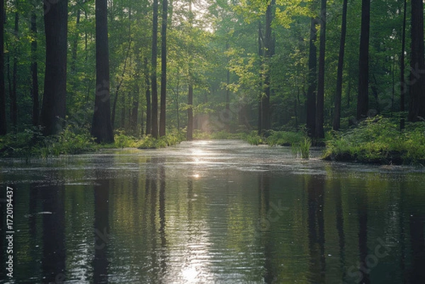 Fototapeta Trees reflected in calm river water.