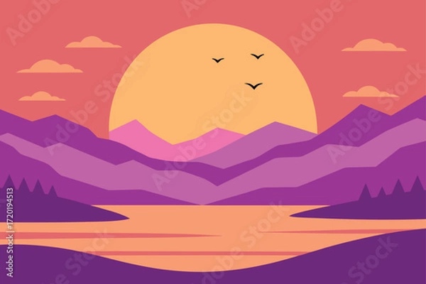 Obraz Flat Design Sunset Mountain Lake Landscape Vector Illustration.