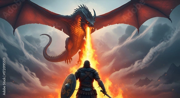 Obraz A warrior faces a fire breathing dragon in a cloudy landscape