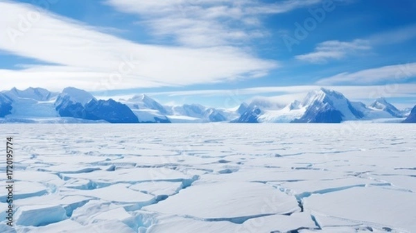 Fototapeta Frozen expanse with jagged ice and snow capped mountains glaciers