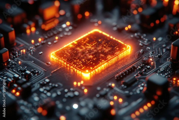 Fototapeta Computer chip emitting orange light.