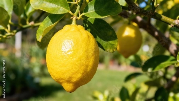 Fototapeta Ripe lemons hang from a tree branch, bathed in sunlight, showcasing vibrant yellow citrus fruits against a blurred green garden background.