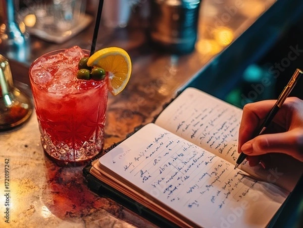 Fototapeta Cocktail at the bar and hand writing in a notebook with pen