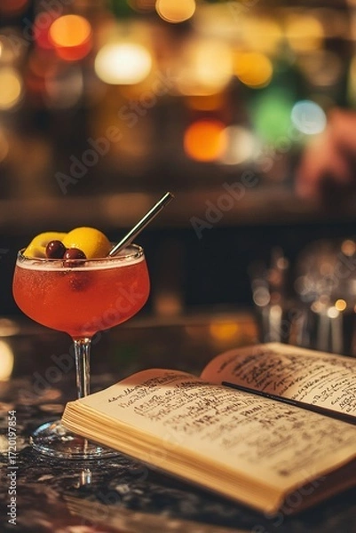 Fototapeta Elegant cocktail with lemon and cherries served with a recipe book