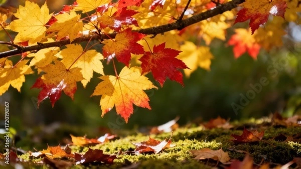 Fototapeta Vibrant autumn leaves, displaying a mix of fiery red and golden yellow hues, cascade from a branch, illuminated by sunlight, resting on a bed of moss and fallen leaves.