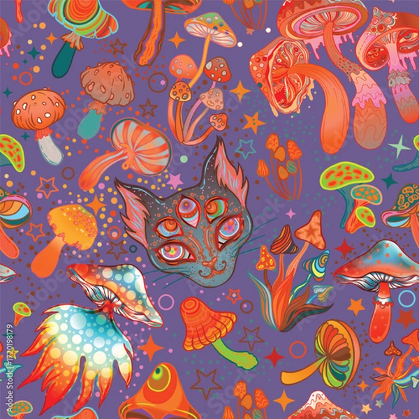 Fototapeta Magic mushrooms and galaxy cat seamless pattern. Psychedelic 60s hippie colorful art. Vintage psychedelic textile, fabric, wrapping, wallpaper. Vector repeating illustration.