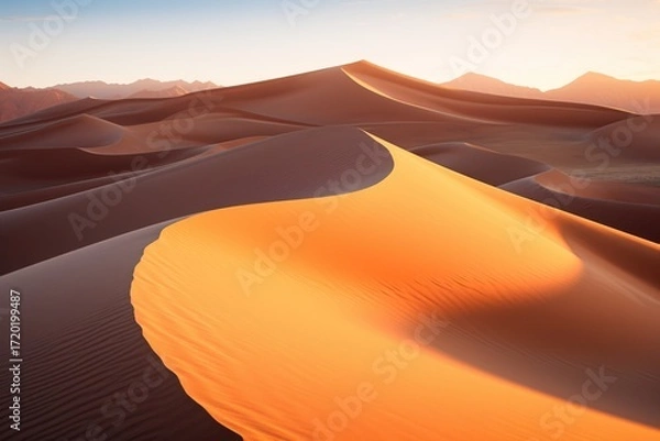Fototapeta Golden desert dunes with sharp ridges at sunset sand hour
