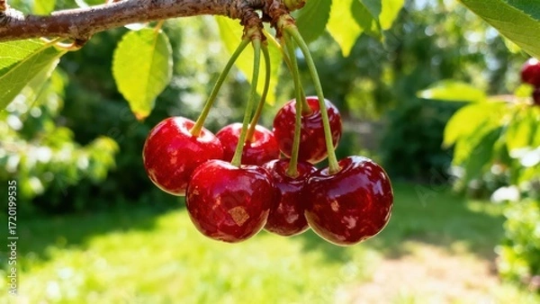 Fototapeta Ripe, glistening cherries hang from a branch, bathed in sunlight, against a blurred backdrop of lush green foliage.
