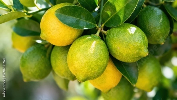 Fototapeta view of vibrant, ripe lemons hanging on a branch, showcasing a mix of yellow and green citrus fruits.