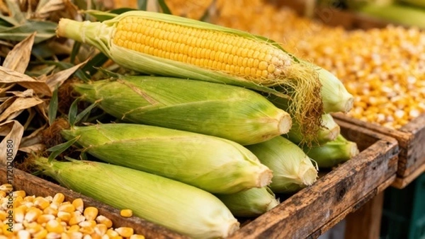 Fototapeta Fresh corn on the cob displayed in wooden crates at a market, showcasing vibrant green husks and yellow kernels.