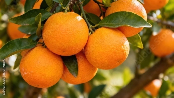 Fototapeta view of plump, vibrant oranges hanging from branches, showcasing the rich color and healthy appearance of the citrus fruits.