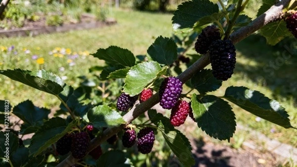 Fototapeta Ripe mulberries hang from a branch, showcasing a mix of dark purple and crimson hues, amidst vibrant green foliage in a garden setting.