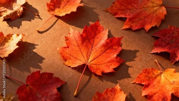 Fototapeta Vibrant autumn leaves in warm, natural light, displaying a beautiful array of fiery reds and oranges against a light brown background.