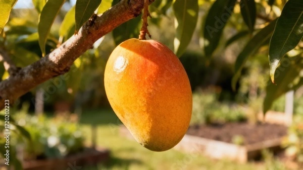 Fototapeta A ripe mango hangs from a tree branch in a sunny garden setting.
