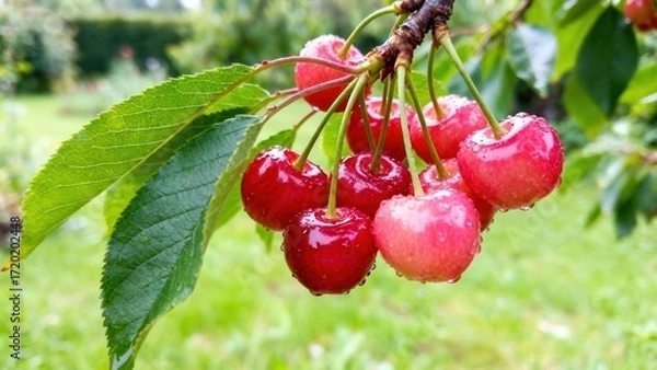 Fototapeta A cluster of juicy, glistening cherries hangs from a branch, dappled with water droplets, against a backdrop of vibrant green leaves and grass.