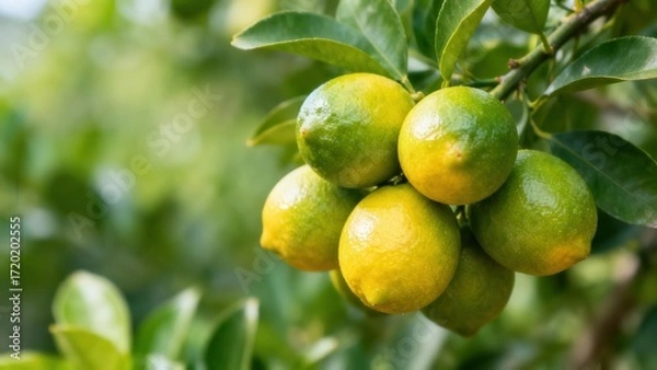 Fototapeta A cluster of vibrant, ripe lemons hangs from a branch, showcasing a mix of green and yellow hues against a blurred background of lush, green foliage.