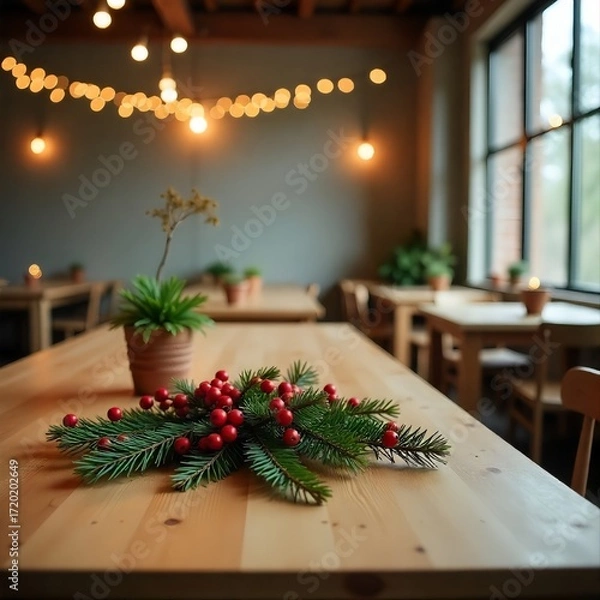 Fototapeta Warm and inviting holiday table decorated with pine, berries, and fairy lights