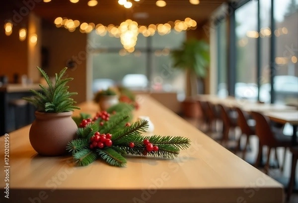 Fototapeta Festive wooden table with pine and red berry arrangement in warm interior