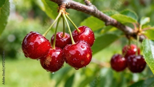 Fototapeta view of fresh, ripe cherries covered in glistening water droplets hanging on a branch.